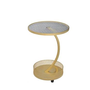 Imagem de Mesa lateral moderna pequena com prateleira de cesta de armazenamento, carrinho de rodinhas com rodas, mesa de cabeceira pequena de 2 camadas para sala de estar, quarto, mesa de canto redonda com mesa de centro anti-queda