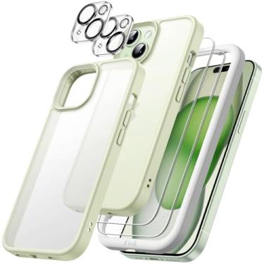 Imagem de JETech 5 em 1 Capa Fosca para iPhone 15 Plus 6,7 Polegadas com 2 Pacotes Tela de Vidro Temperado e Protector Lente Câmera, Traseira Translúcido Capinha à Prova de Choque (Verde)