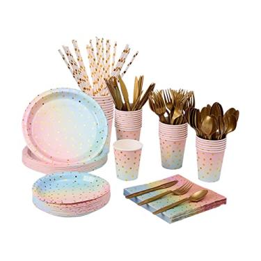 Imagem de Matybobe Conjunto de utensílios de mesa descartáveis para 25 convidados, papel descartável, aniversário, louça, pratos, garfos, facas, colheres, copos, guardanapos, canudos