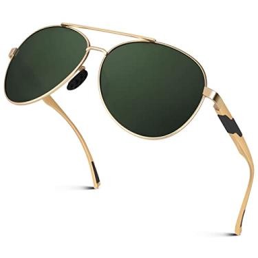 Imagem de GQUEEN Óculos de sol polarizados estilo militar clássico com dobradiças de mola Al-Mg para homens e mulheres MOS1, Armação G dourada/lente verde G15, Medium