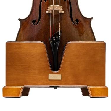 Imagem de MI&VI Suporte clássico de madeira para violoncelo tamanho 4/4 completo - Almofada de pelúcia de veludo azul persa Suporte de violoncelo de madeira com compartimento de armazenamento de arco incluído