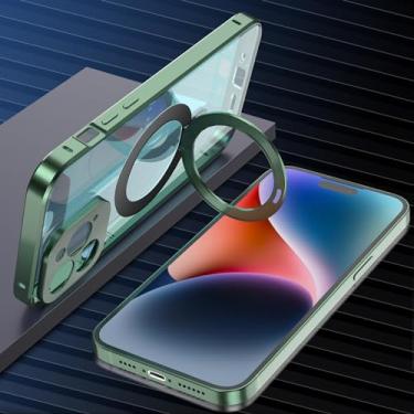 Imagem de YEXIONGYAN Capa de telefone de liga de alumínio de proteção total para iPhone 14 Pro Max/14 Pro/14 Plus/14 Plus/14 capa frontal de vidro temperado antiderrapante PC traseira magnética sem fio (verde