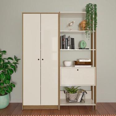Imagem de Kit 2 Peças Armário para Escritório Alto 2 Portas e Estante 4 Prateleiras Porta Basculante Off White/Carvalho
