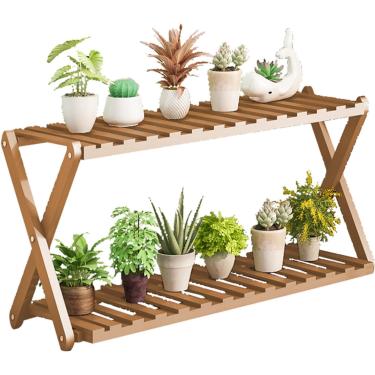 Imagem de Prateleira para escada de plantas de 2 camadas, suporte para flores de bambu, prateleira para exibição de plantas, prateleiras para flores, prateleira para plantador escalonada de canto, sup