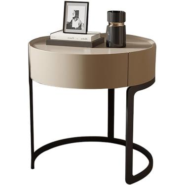 Imagem de Mesa de cabeceira de madeira maciça redonda moderna e minimalista italiana com gavetas de armazenamento, mini mesa de cabeceira de sofá cinza/mesa de centro de madeira moderna - mesa de cabe