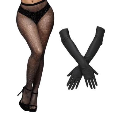 Imagem de 1 Meia Calça Arrastão Com Strass + 1 Luva Preta Cetim Extra Longa 53 c