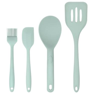 Imagem de JS Gourmet Conjunto de 4 utensílios de cozinha de silicone, resistente ao calor, conjunto de colher de cozinha sem arranhões, espátula, espátula, escova de cozinha e pá de arroz para panelas