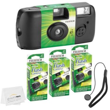 Imagem de Fujifilm Câmera descartável QuickSnap Flash 400 de 35 mm + alça de mão + pano de microfibra fotográfico de qualidade (pacote com 3)
