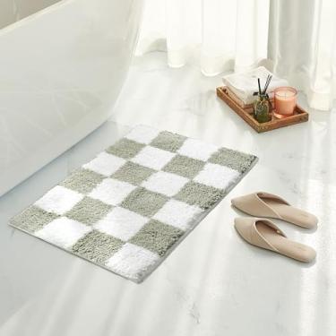 Imagem de Tititex Tapete de banheiro quadriculado de luxo verde sálvia branco quadriculado, 40,64 cm x 60,96 cm clássico tabuleiro de xadrez extra macio e absorvente, tapete de banho felpudo antiderrapante para