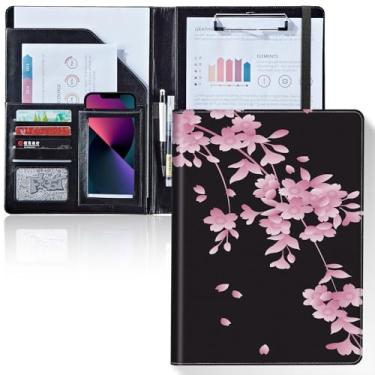 Imagem de Prancheta de pasta/pasta, prancheta, carteira de escrita, couro com capa para porta-cartões, tamanho A4, para conferência de escritório, quadro de notas, flores de cerejeira