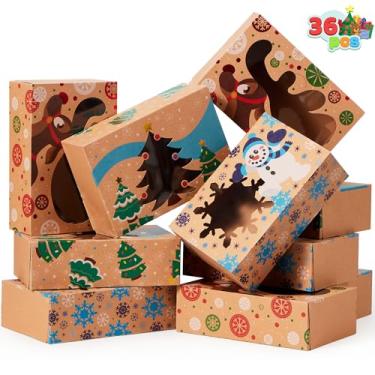 Imagem de JOYIN 36 unidades de caixas de biscoitos de Natal para presentear, latas de biscoitos para guloseimas de Natal de 8,5" x 5,75" x 2,75" com janela, 3 designs de caixas de padaria kraft com fo