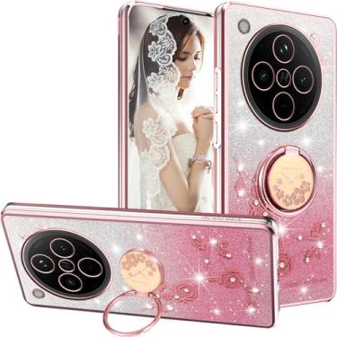 Imagem de Ephoou Capa fina para OnePlus 13 de 6,8 polegadas, brilhante, brilhante, flores de diamante, design floral, capa de silicone macio com suporte de anel para OnePlus 13 HSF-Rosa