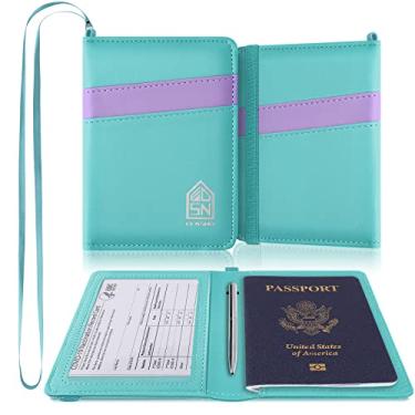 Imagem de ELASND Conjunto de porta-passaporte, passaporte e cartão de vacina, capa de couro ultrafina para passaporte com compartimento para cartão de vacina, carteira de passaporte com cordão de pescoço e bloqueio de RFID, Lago azul, Contemporâneo