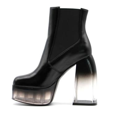 Imagem de UNWRBD Botas femininas de salto transparente de 14 cm de cor gradiente de couro envernizado plataforma à prova d'água com fundo grosso, Preto, US6.5 EU38