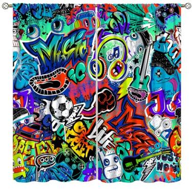 Imagem de AAVEUP Cortinas de janela para decoração de graffiti, skate de parede, guitarra, azul, arte abstrata, padrão de grafite, decoração isolada, cortinas de bolso para varão, para crianças, meninos, quarto