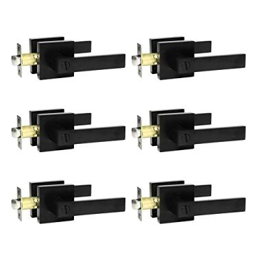 Imagem de Puxadores de porta de quarto/banheiro alavancas placa quadrada interior privacidade fechaduras de porta, preto fosco (pacote com 6)