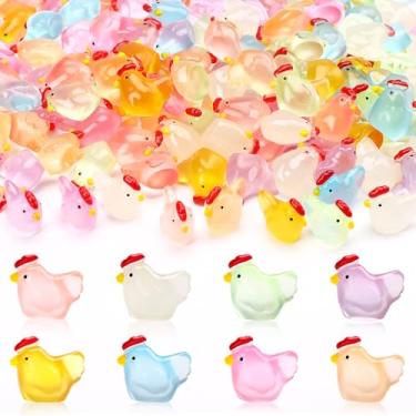 Imagem de JUNEBRUSHS 50 peças de mini galinhas minúsculas de resina de galinha luminosas de galinha que brilham no escuro, enfeite de galinha para artesanato, decoração de mesa de jardim em casa