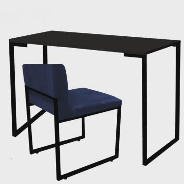 Imagem de Kit Mesa Escrivaninha Stan e Cadeira Lee Industrial Escritório Tampo Preto Preto Suede Azul Marinho - Ahz Móveis
