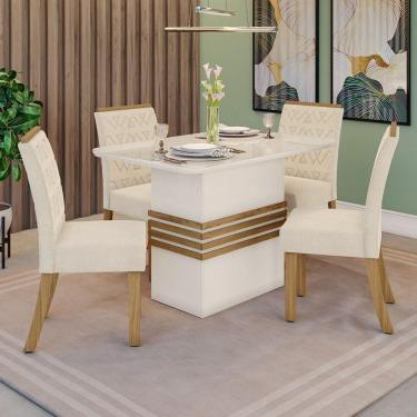 Imagem de Conjunto Sala De Jantar Tampo Mdf Com Vidro Canto Arredondado 120 Cm 4 Cadeiras Melinda Nature Com Off White E Linho