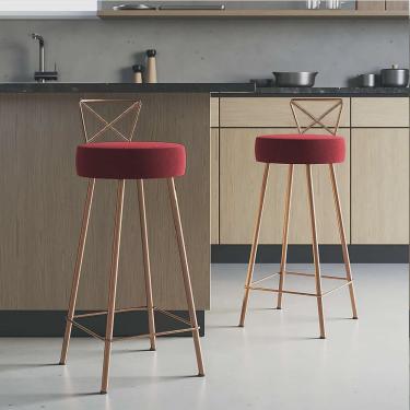 Imagem de Kit 02 Banqueta Alta Com Encosto Tânia Eiffel Cozinha Bar Bistrô Ferro Bronze Suede Vermelho - Ahazzo Móveis