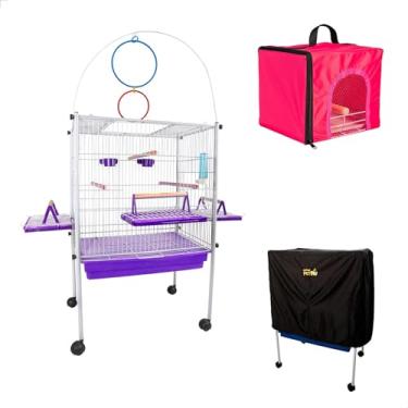 Imagem de Viveiro Pássaro Calopsita Triplex + Bolsa Transporte + Capa Jelplast (Branco/Lilás)