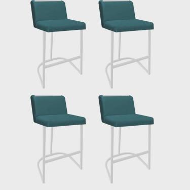 Imagem de Kit 04 Banquetas Com Encosto Ninna Bistrô Cozinha Aplique Ferro Branco Suede Azul Turquesa - Ahz Móveis