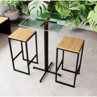 Imagem de Conjunto Mesa Alta Bar Bistrô Quadrada Vidro 2 Bancos Pinus Industrial Black