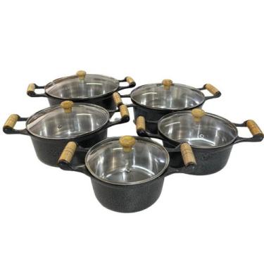 Imagem de Conjunto De 5 Panelas Alumínio Fundido Grosso Craquelado Tampa De Vidr