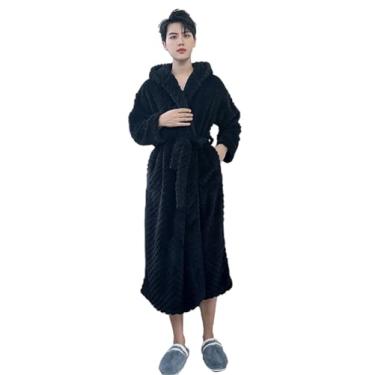 Imagem de LVTFCO Roupão feminino de inverno espesso longo casal flanela coral lã com capuz roupão masculino para casa, preto-M