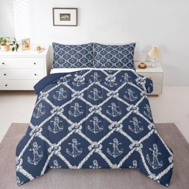 Imagem de Castle Fairy Conjunto de edredom casal âncora náutica, vintage, corda geométrica, reversível, para quarto, losango branco, azul oceano, edredom macio para meninas e adolescentes