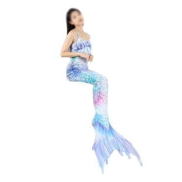 Imagem de LOMDEM Fantasia de sereia para adultos de verão com cauda de peixe, fantasia de princesa com cauda de peixe, fantasia de apresentação, 3 peças, azul - M