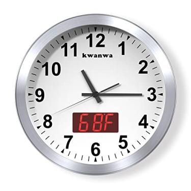 Imagem de Relógio de parede de LED de quartzo metálico KWANWA funciona com bateria de relógio digital ou temperatura de 1,34 polegadas, não aperta silenciosamente e varre silenciosamente a segunda mão, Branco, 12" Arabic Numerals