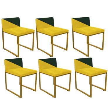 Imagem de Kit 06 Cadeira Lee Duo Sala De Jantar Ferro Dourado Suede Amarelo E Verde Musgo - Amey Decor