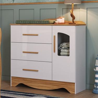 Imagem de Cômoda Infantil 92,9cm 1 Porta Com Janela E 3 Gavetas Alice 100% Mdf Espresso Móveis Branco-amêndoa