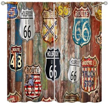 Imagem de AAVEUP Cortinas vintage Route 66 para quarto de meninos, tábuas rústicas vintage retrô American Highway Poster tecido tratamentos impressão para quarto de adolescente sala de estar 106,7 x 114,3 cm