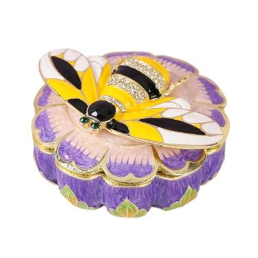 Imagem de FASSLINO Caixa de joias pequena de abelha com formato de flor com dobradiças pintadas à mão com strass esmaltado, presente exclusivo para mulheres (roxo)