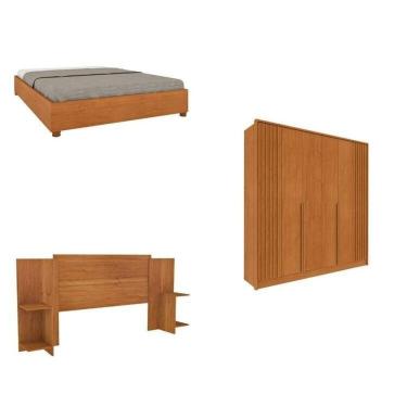 Imagem de Quarto Casal Guarda-roupa 6 Portas Ripado Nova York E Cama Box Casal Mônaco Com Cabeceira Ajustável Cinamomo