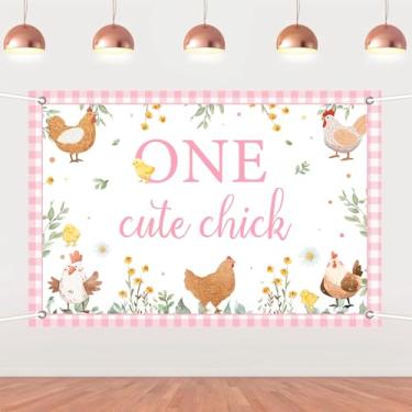Imagem de Cheereveal Decoração de festa de 1º aniversário de galinha para meninas, faixa de fundo rosa 1,5 x 0,9 m, faixa de fundo de pintinho, tema animal de fazenda de celeiro, acessórios para cabine de fotos