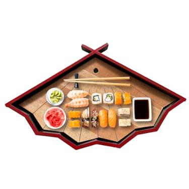 Imagem de Bandeja de servir sushi vermelha com arte tradicional – Bandeja de sashimi em forma de leque e prato de frutos do mar, bandeja de plástico laqueada japonesa para casamentos, festas, churrascos e