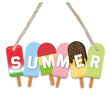 Imagem de Placa suspensa de boas-vindas de sorvete de verão - Cabide de porta de madeira com cordas de sisal - Decorações de verão para sala de estar, praia, café, bar, lembrancinha de festa e acessórios - A03