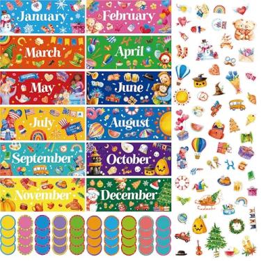Imagem de 112 peças de cartazes mensais de férias, decoração de quadro de avisos de 12 meses do ano em diferentes temas, 40 cartões redondos coloridos para escrita, 60 recortes diversos, ótimas decorações de
