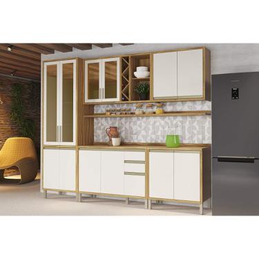 Imagem de Cozinha Modulada Ronipa Tempranillo Tempranillo 7 Peças (2Aéreos+2Balcões+1Cristaleira+2Complementos) C7P77 Amendoa/Off White-Ronipa