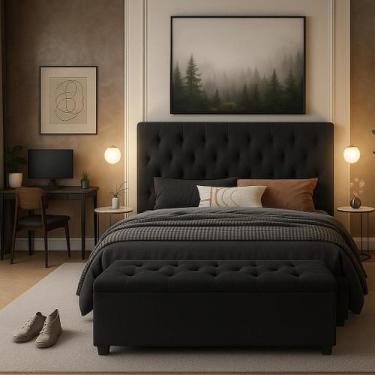 Imagem de Cabeceira Cama Queen Italia Estofado com Pés e Recamier com Baú - Case