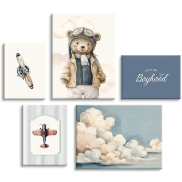 Imagem de Urso de pelúcia decoração de parede de berçário vintage imagens de quarto de menino bebê menino decoração de parede azul vintage avião pôster crianças viagens aviação impressões para sala de jogos