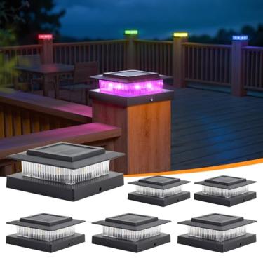 Imagem de APONUO Luzes de poste solares 4x4 com 8 cores sólidas RGB e fluxo multicolorido - Pacote com 6 luzes de poste de deck alimentadas por energia solar, IP65 à prova d'água - Serve para postes de madeira