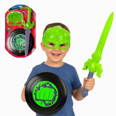 Imagem de Kit Fantasia Hulk Máscara Escudo Espada Verde Super Herói Presente Cri