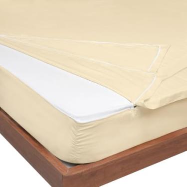 Imagem de Lençol solteiro com zíper de algodão GG – Projetado para colchões de até 20 cm com bolsos profundos, solteiro, GG, lençol com elástico (base + 2 lençóis com zíper) - Macio e luxuoso 600 fios 100%