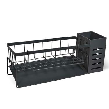 Imagem de AIWIWH Organizador de pia de aço inoxidável com suporte de escova alto, suporte de esponja para pia, organizador de dispensador de sabão de bancada de cozinha (preto, escorredor + poste + escorredor)