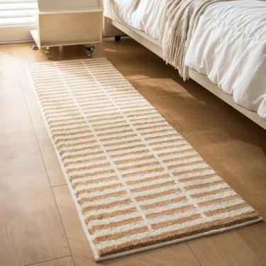 Imagem de GIB Tapete de banheiro listrado marrom e branco 160 cm x 51 cm, tapete de banho de microfibra felpudo macio absorvente antiderrapante lavável, tapete de microfibra felpudo para quarto