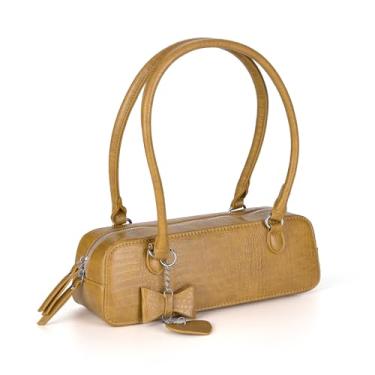 Imagem de Bolsa de ombro estilosa com estampa de crocodilo, bolsa retangular leste-oeste com pingente de metal, disponível em verde limão e bege, Amarelo, areia